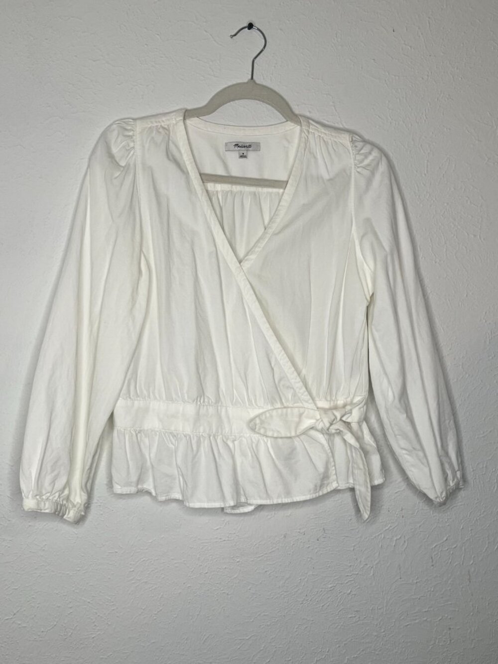 Woman's Madewell White Cotton-Blend Wraparound Long Sleeved Blouse Size Medium